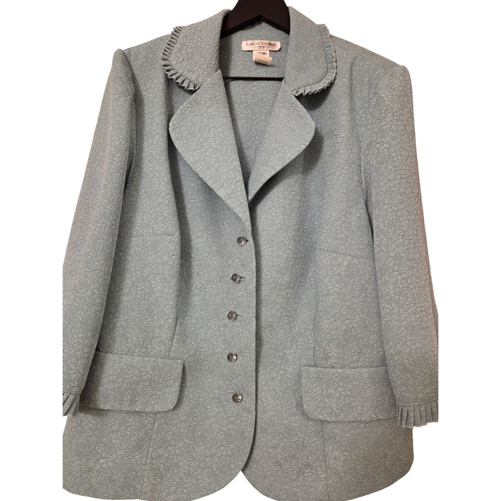 Lady Dorby Blue Textured Floral Ruffle Collar Blazer Jacket Plus Size 16W‎